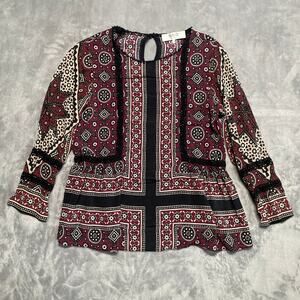 SEA New York Ezri Blouse Womens 4 Silk Blend Floral Boho Peplum Lattice Lace